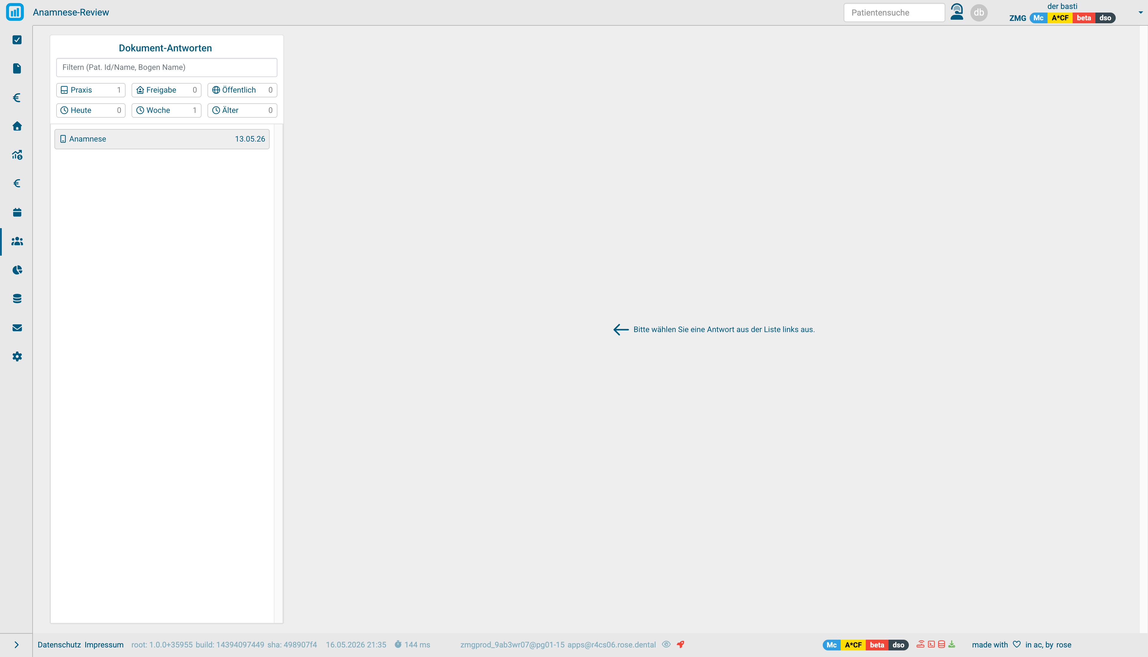 Anamnese-Review mit Antwort-Liste links und Vergleichs-Detail rechts