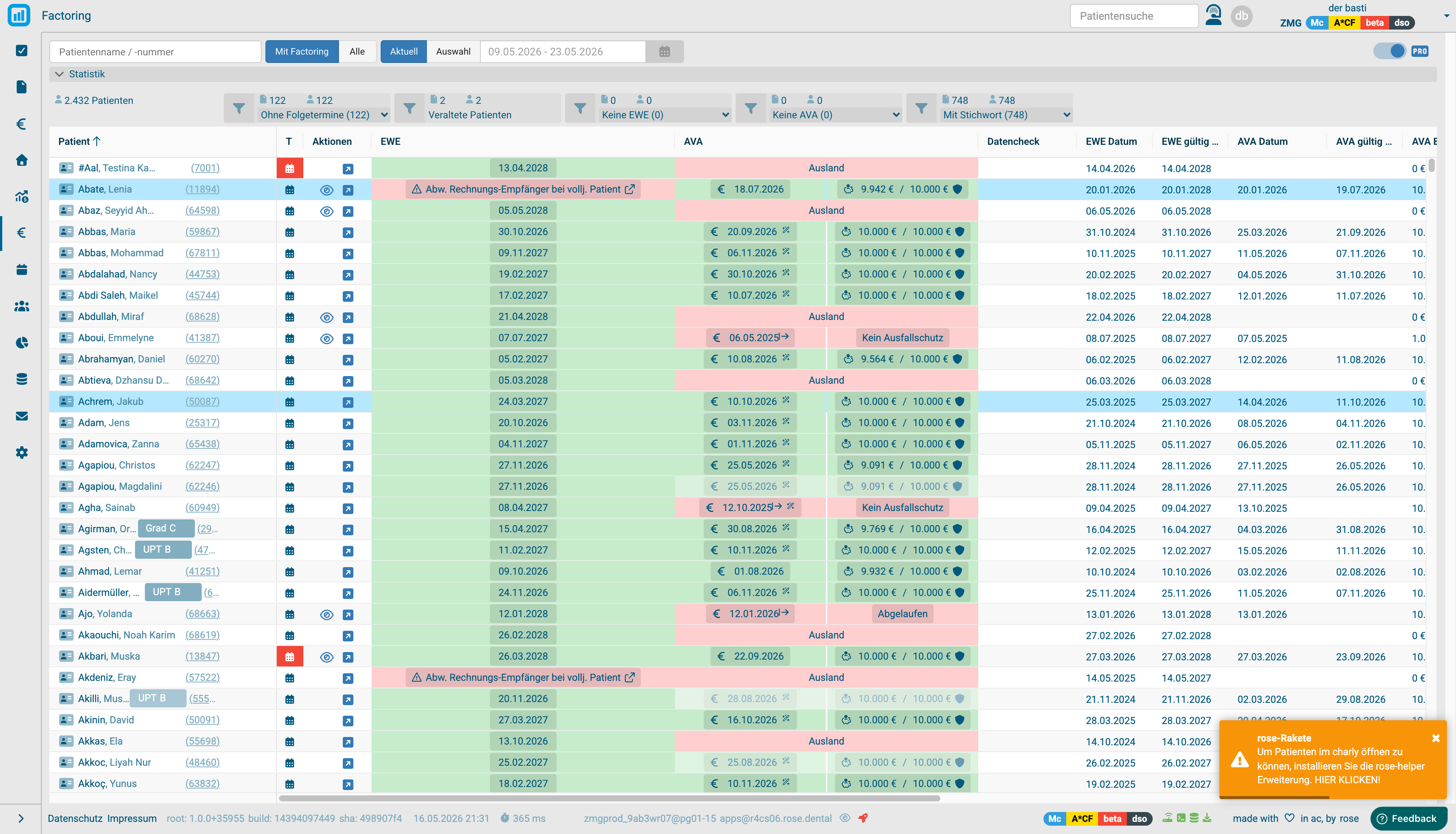 Factoring-Metrics-Ansicht mit Patienten-Tabelle, EWE/AVA-Status und Datencheck
