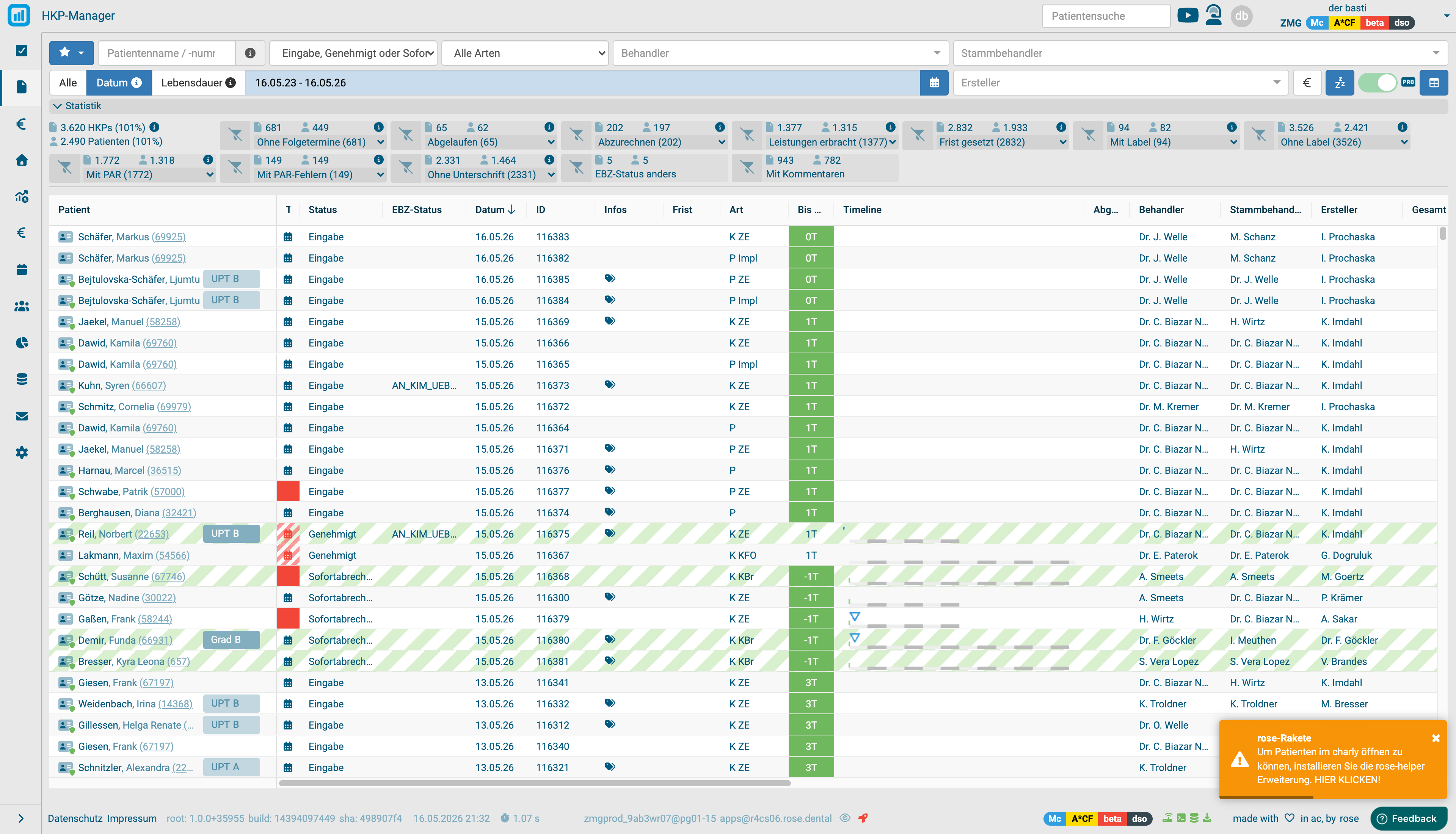 HKP-Manager Hauptansicht mit Filter-Zeile, Statistik, Spezialfiltern und Tabelle
