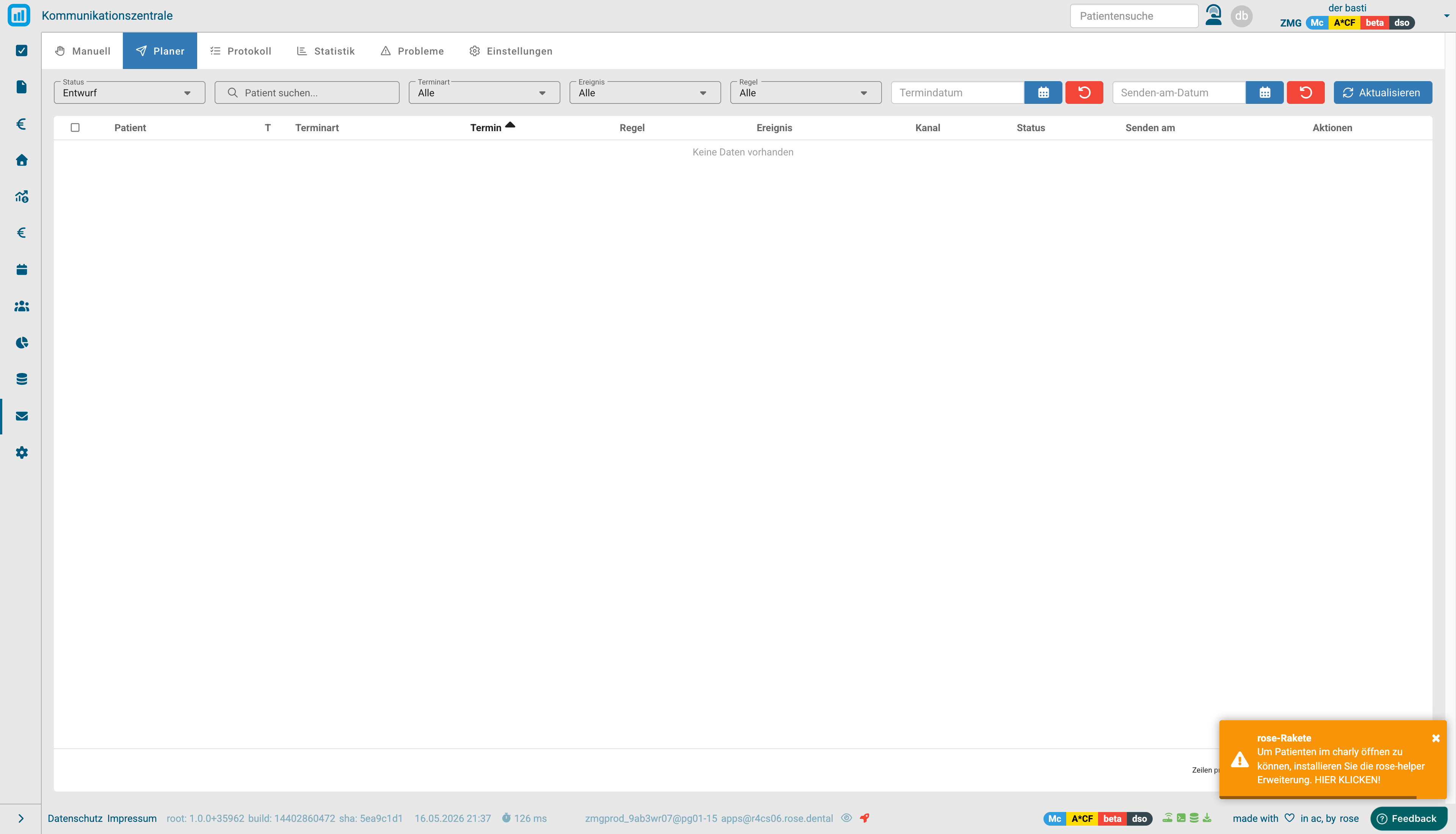 Kommunikationszentrale – Planer-Tab mit Status-Entwurf und Filter-Zeile