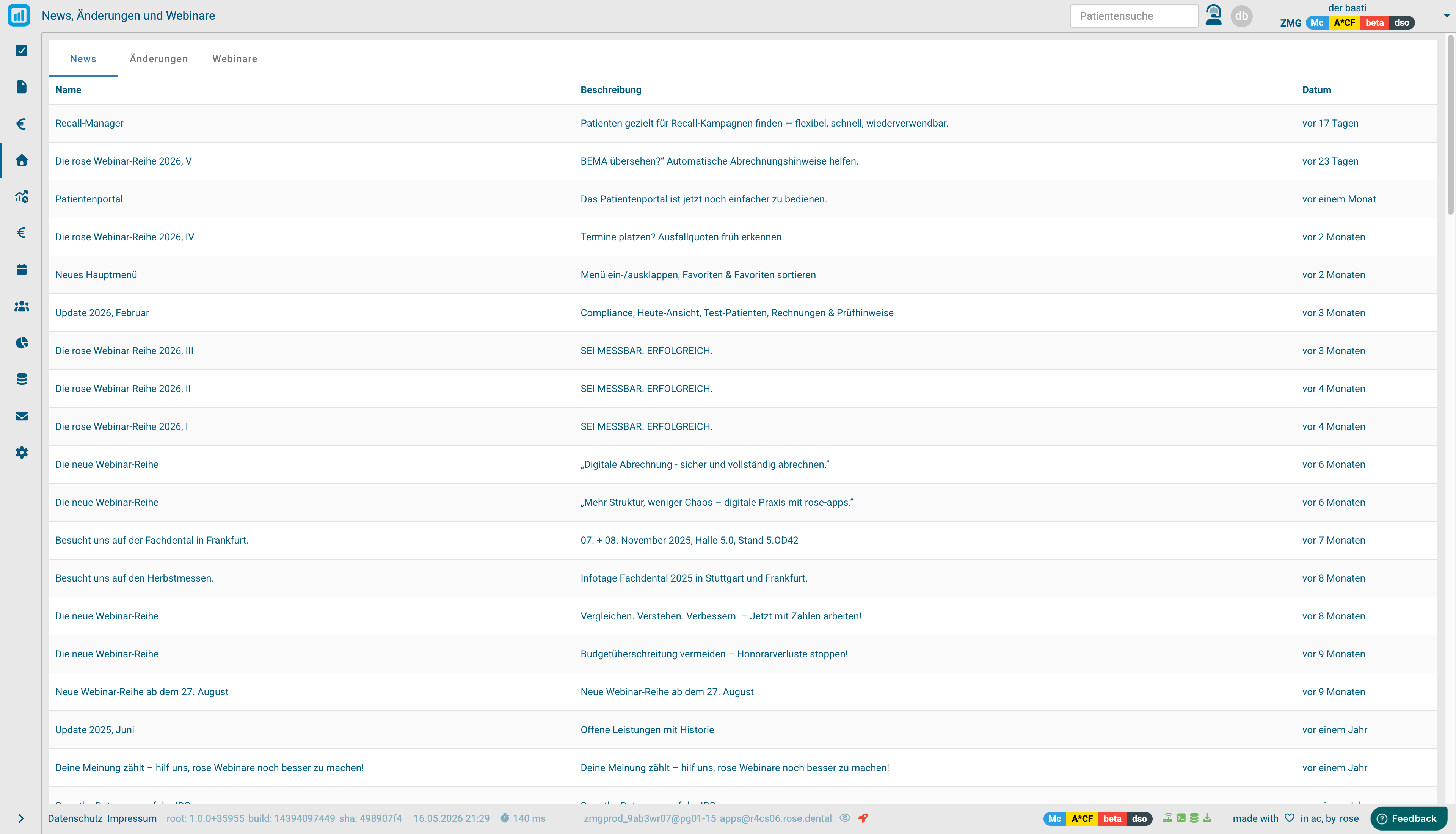 News-Tab mit neuen und älteren Updates