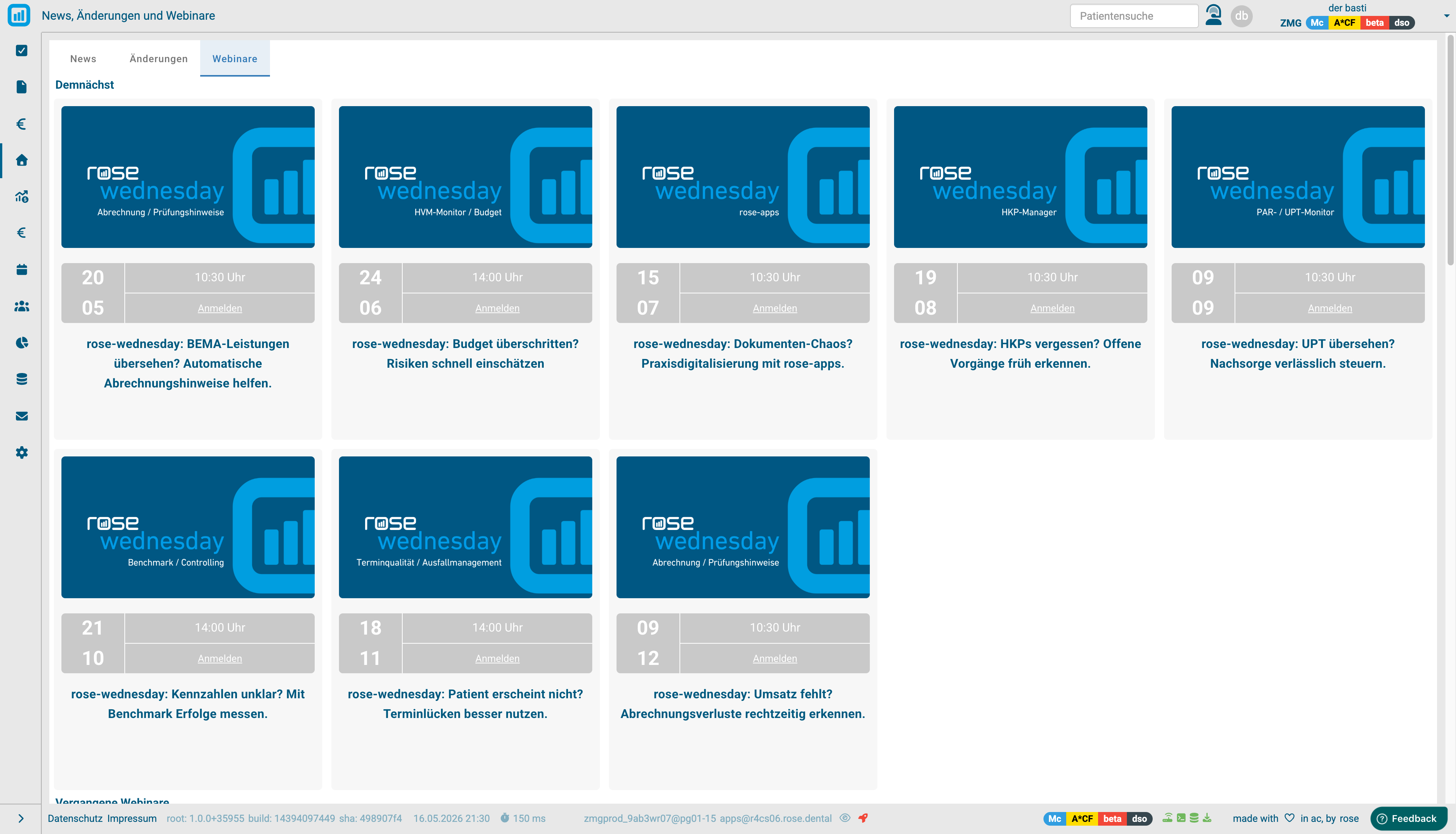 Webinare-Tab mit kommenden und vergangenen Webinaren