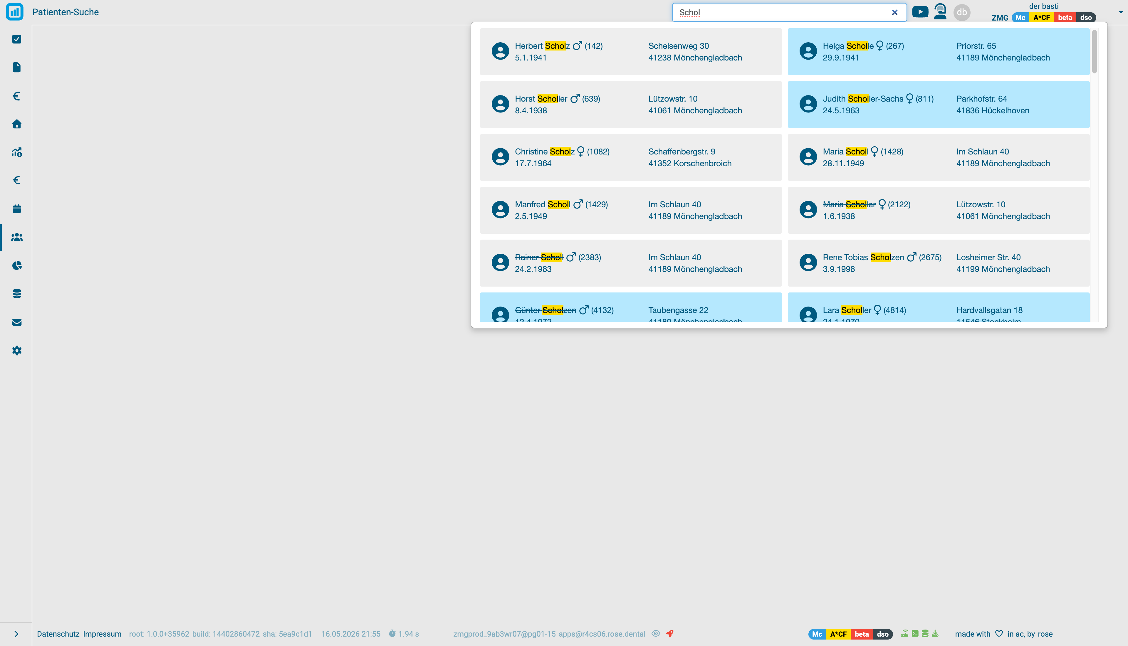 Patientensuche: Such-Dropdown mit zwei Treffern (Jared Muller, Emmy Muller) inklusive Patientennummer, Geburtsdatum und Adresse