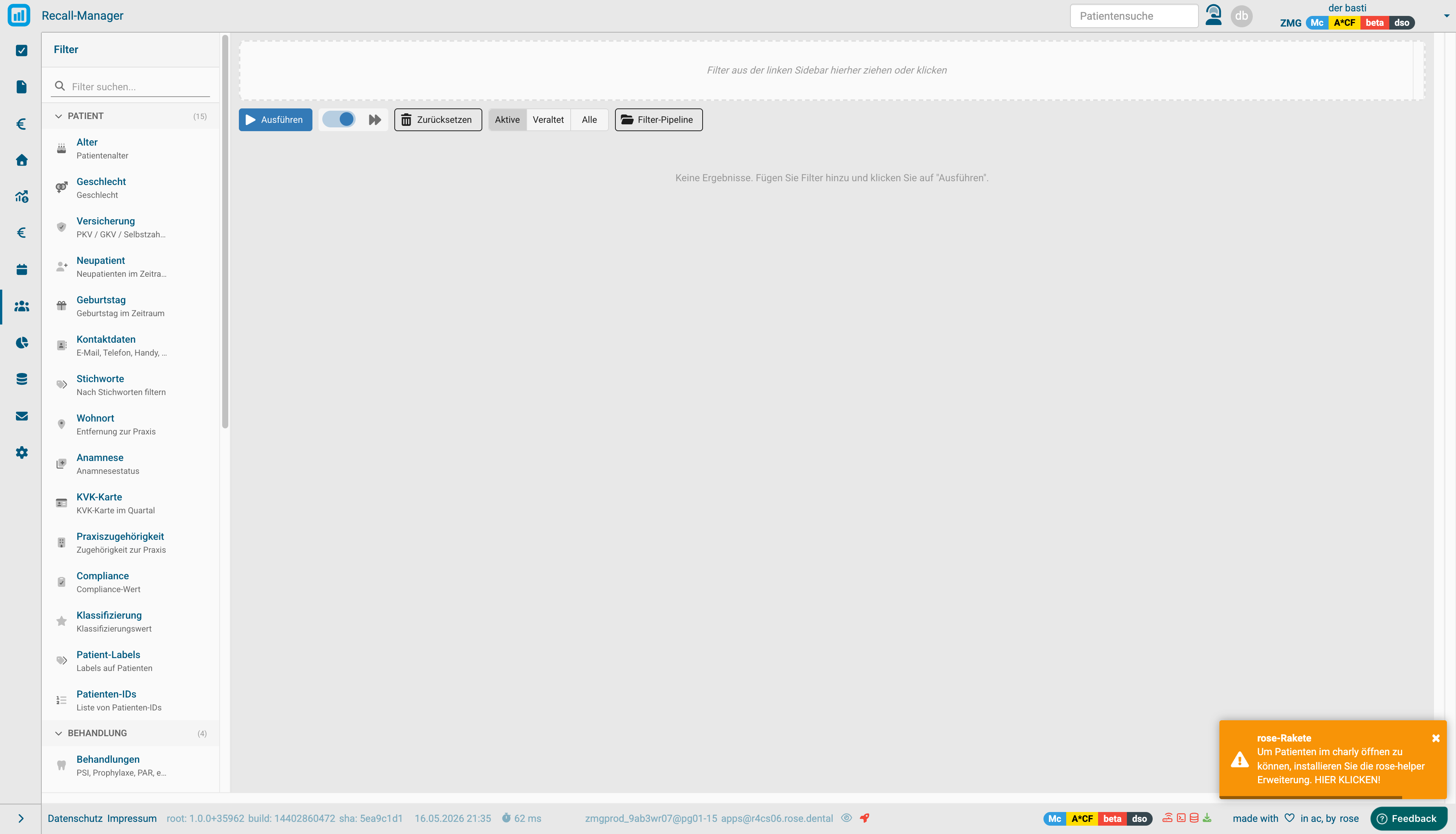 Recall-Manager mit Filter-Sidebar und aktiver Filter-Pipeline
